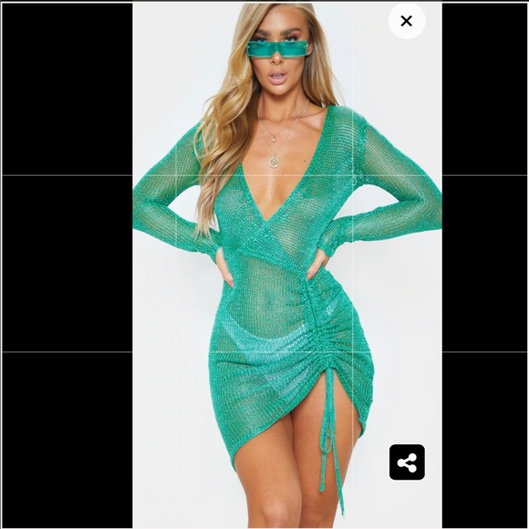 Green Metallic Knitted Wrap Front Dress - Picture 3 of 7